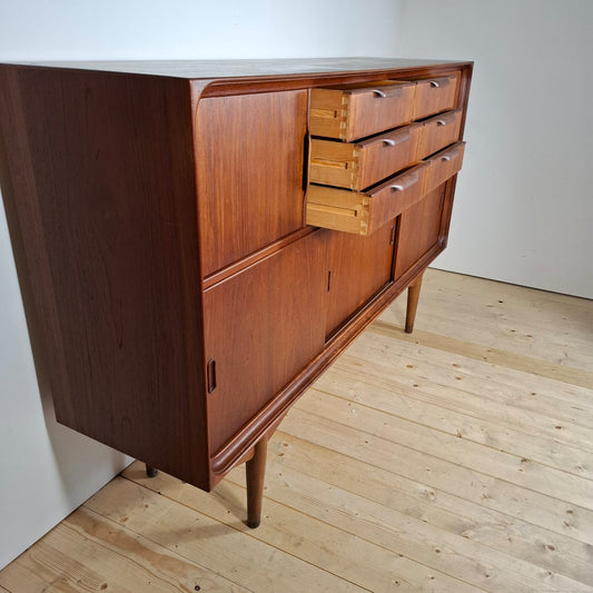 Sideboard Alta in Teak con Cassetti e Ante Scorrevoli – Design Scandinavo Mid-Century, Anni ’60