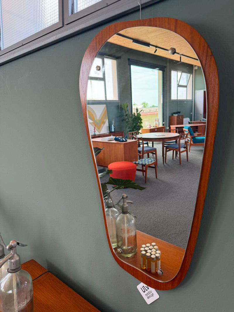 Organic shaped teak wood mirror