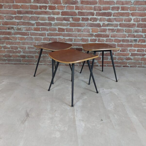 set 3 sgabelli teak e acciaio design danese 1950