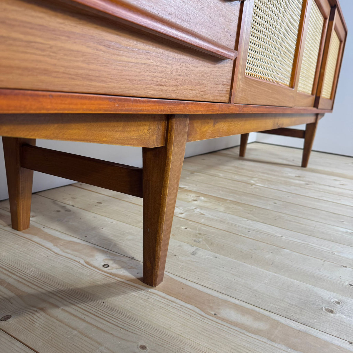 sideboard mid century teak rattan originale